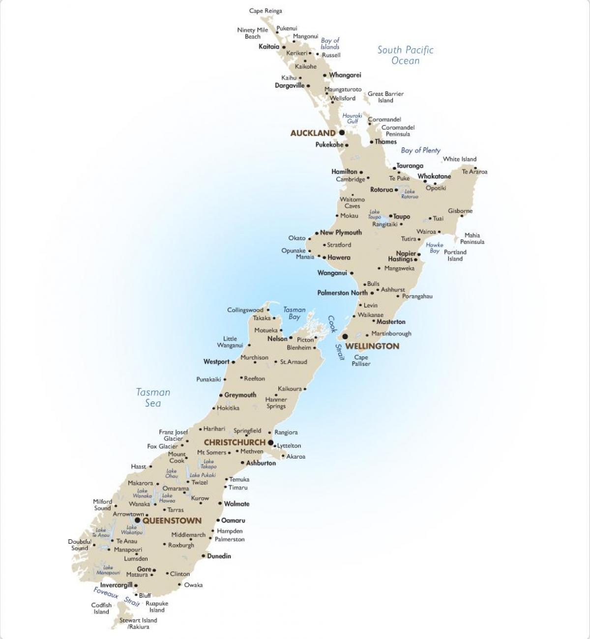 карта Новай Зеландыі з буйных гарадоў
