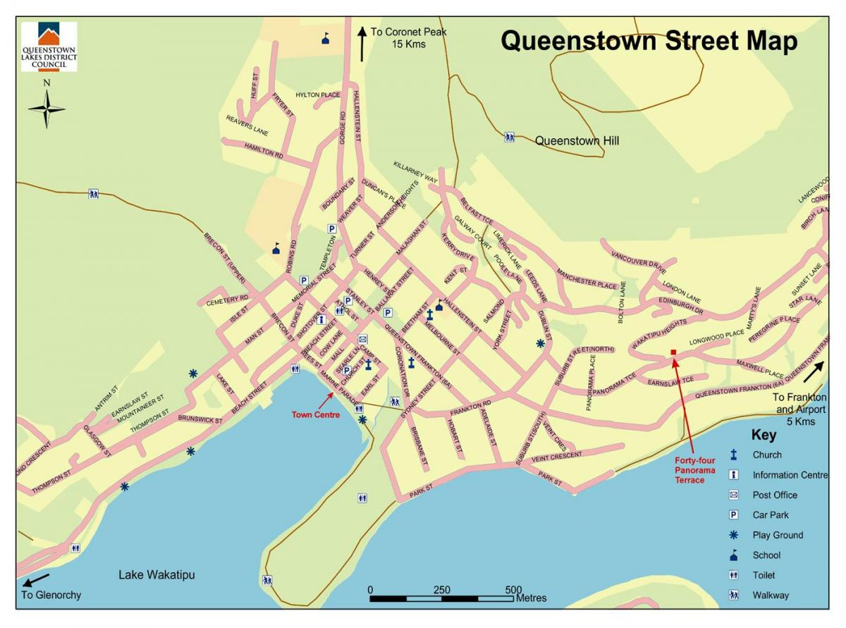 карта вуліц горада квинстаун, Новая Зеландыя
