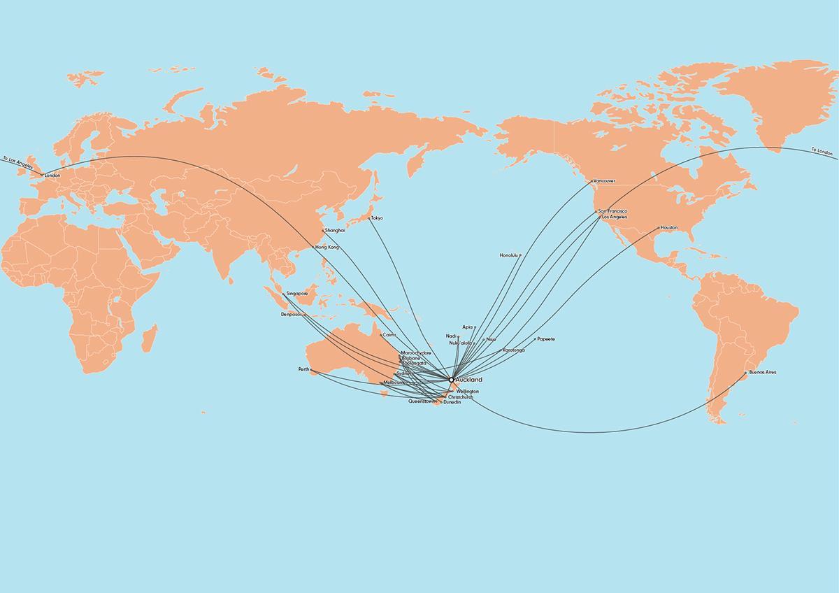 паветра Новая Зеландыя карта маршруту міжнароднай