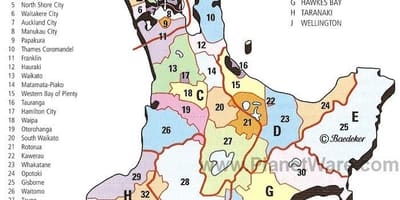 Карта Новай Зеландыі Паўночнага выспы і раёны